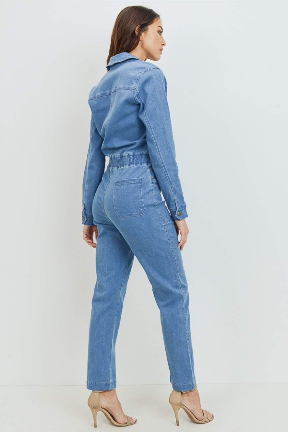 Women's Casual Long Sleeve Denim Jumpsuit Zipper Closure with Smocking details At Waist