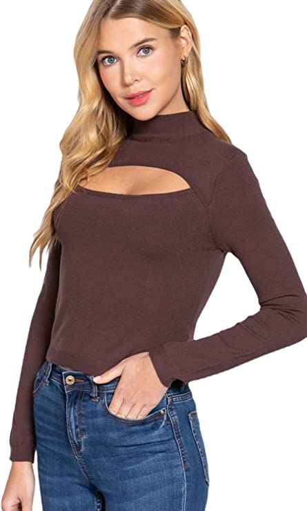 Women's Long Sleeves Mock Neck Front Cut Out Keyhole Sweater