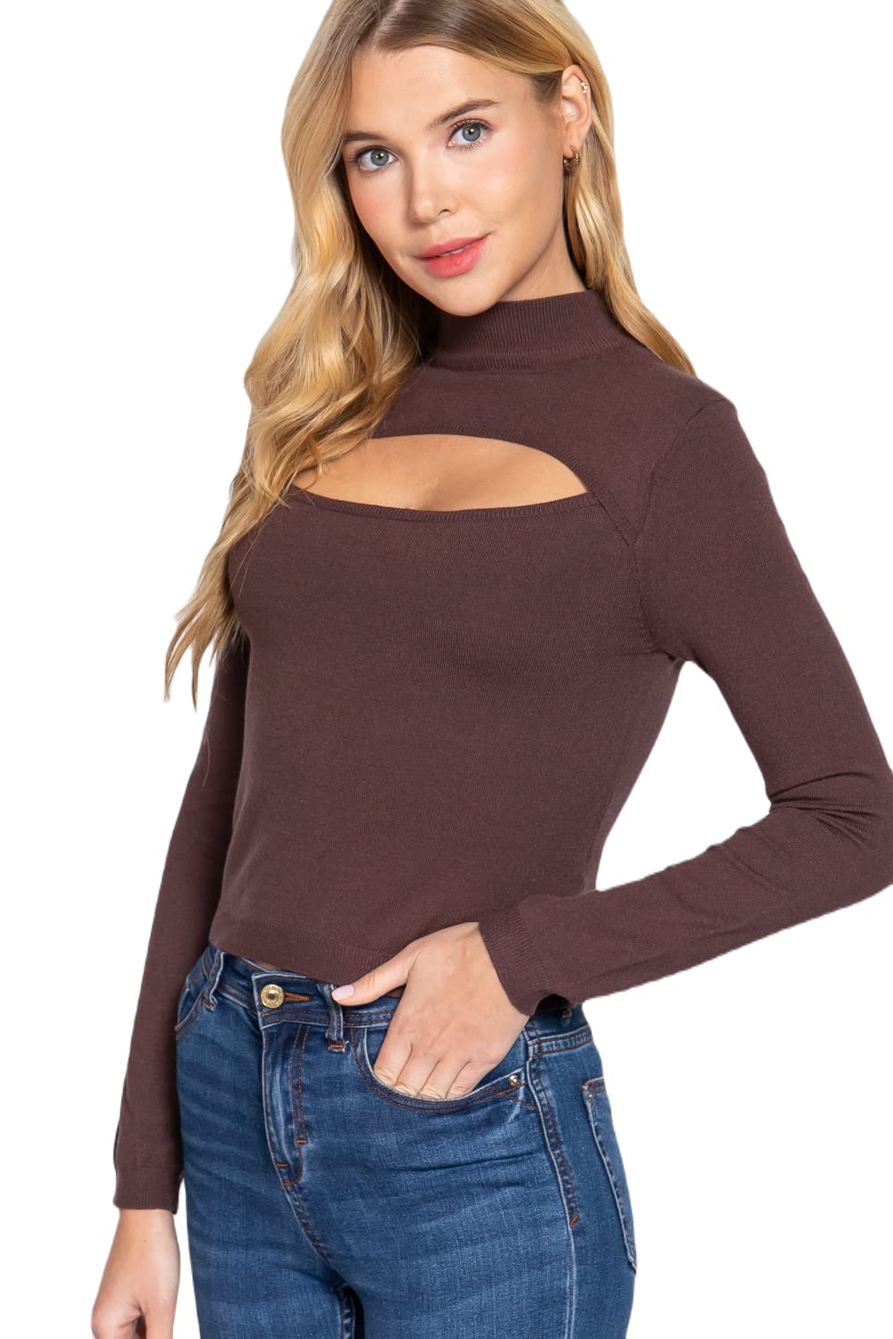 Women's Long Sleeves Mock Neck Front Cut Out Keyhole Sweater