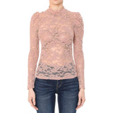 Women's Scalloped Lace Mock Neck Long Puff Sleeve Top