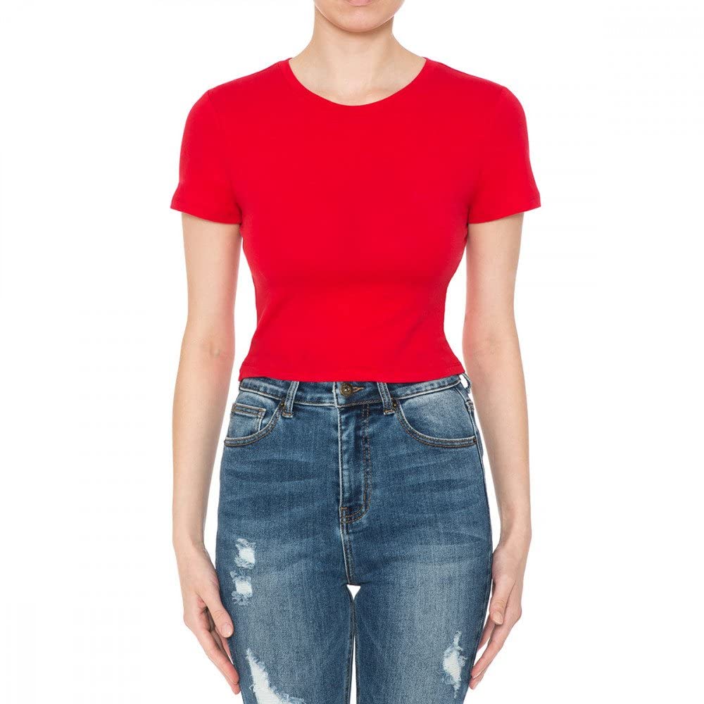 Khanomak Women's Crew Neck Short Sleeve Casual Summer Solid Workout Crop Tee