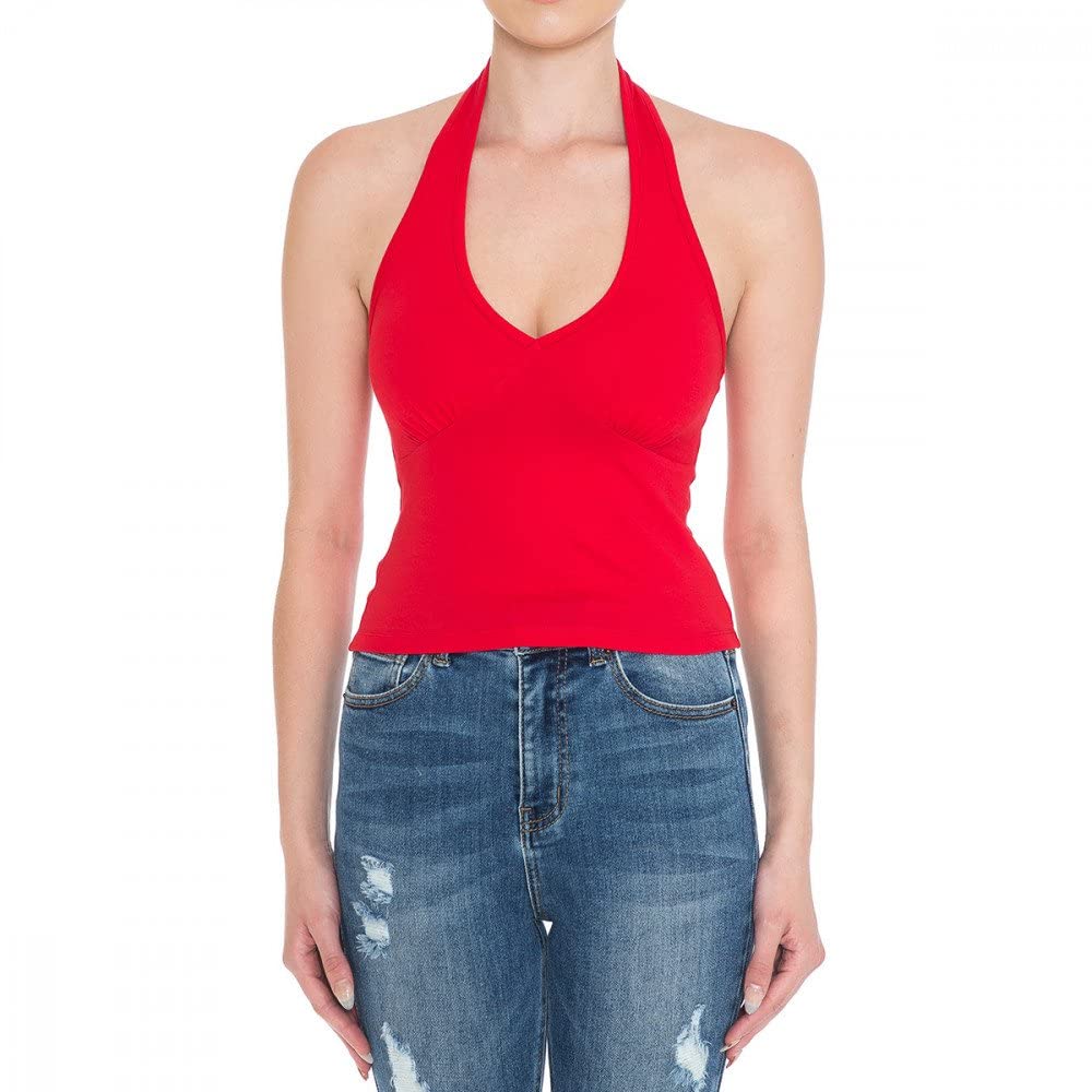 Khanomak Women's Casual Sleeveless Sexy Backless Empire Healter V-Neck Crop Top
