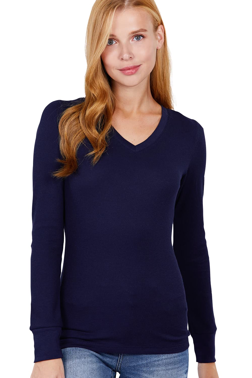 Cotton Blend Thermal V Neck Knit Top for Women Long Sleeves Khaki