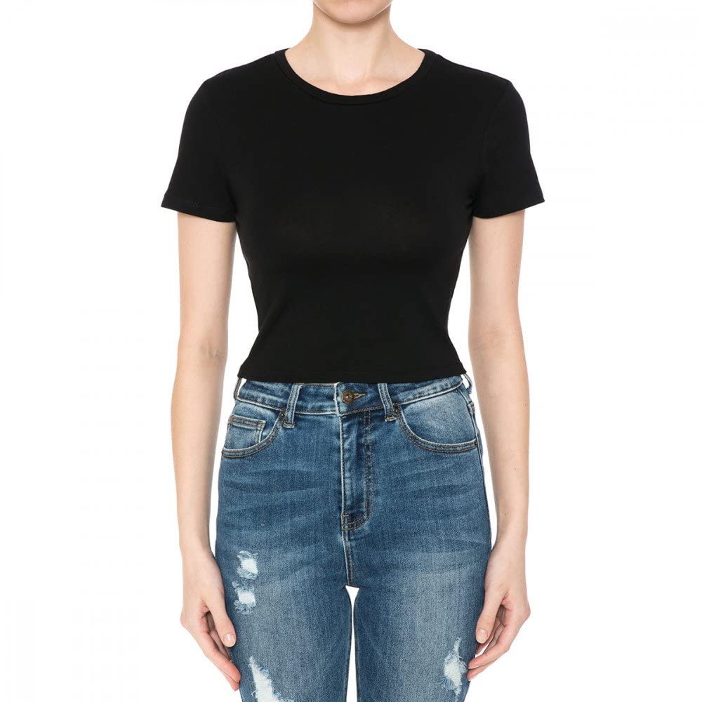 Khanomak Women's Crew Neck Short Sleeve Casual Summer Solid Workout Crop Tee