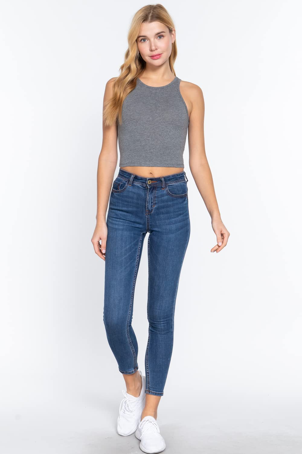 Women's Cropped Basic Short Sleeves Halter Neck Top