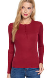 Women's Long Sleeve Crew Neck with Button Placket Rib Knit Top