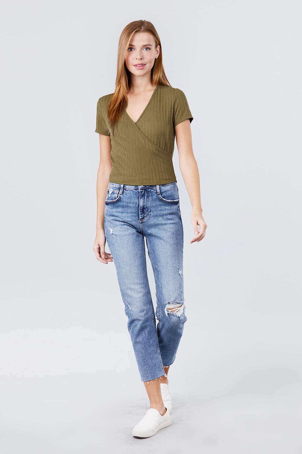 Women's Black Short Sleeve V-Neck Surplice Rib Knit Loose Casual Top - Small