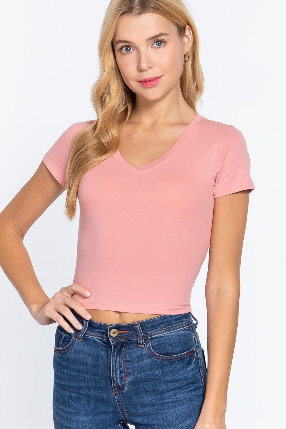 Khanomak Women's Cropped Basic Short Sleeve V Neck Top
