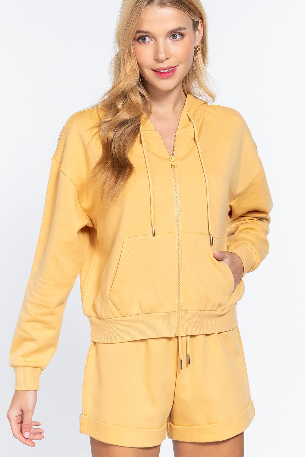 Women's Long Sleeve Inner Brushed French Terry Oversized Hoodie Zip Up Jacket