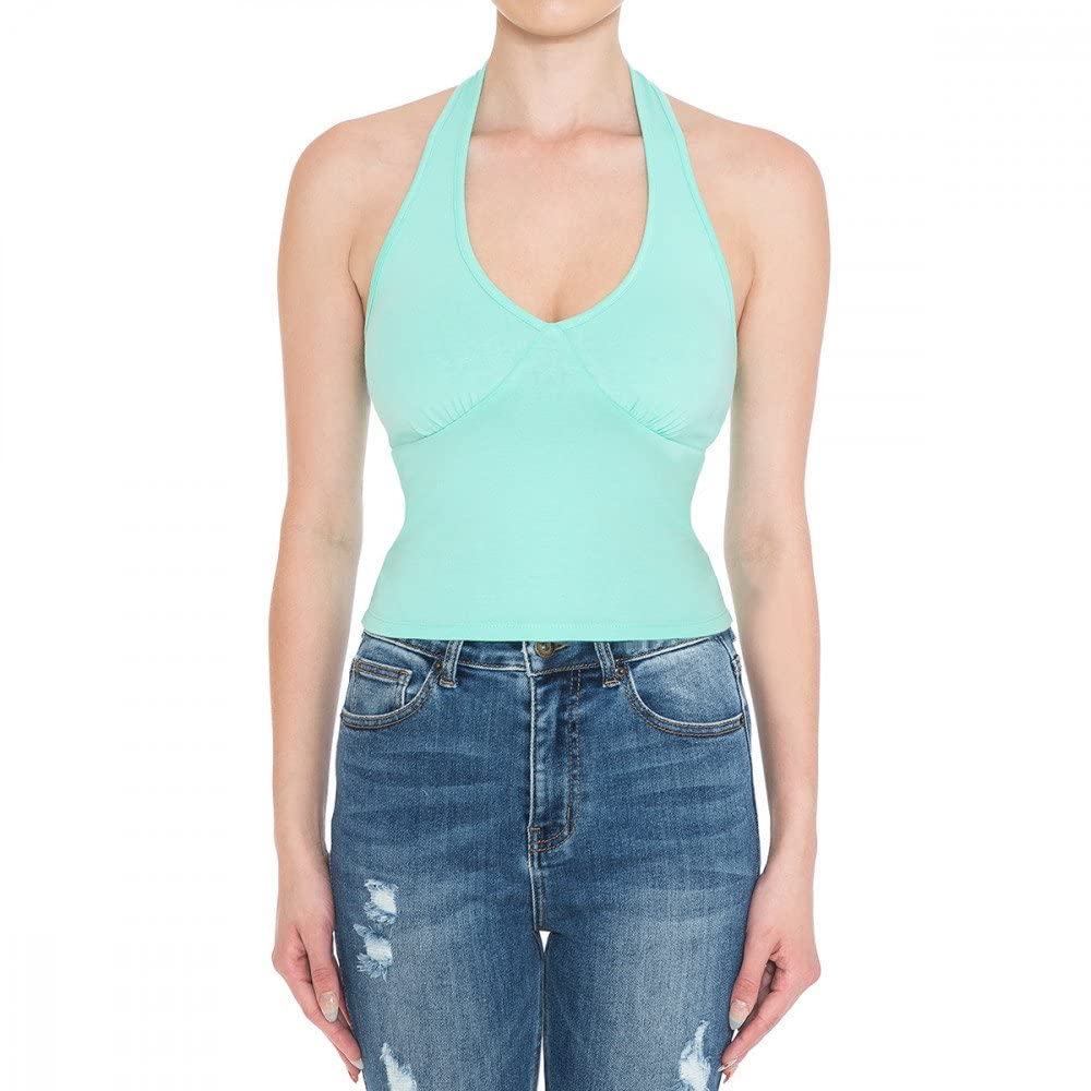 Khanomak Women's Casual Sleeveless Sexy Backless Empire Healter V-Neck Crop Top