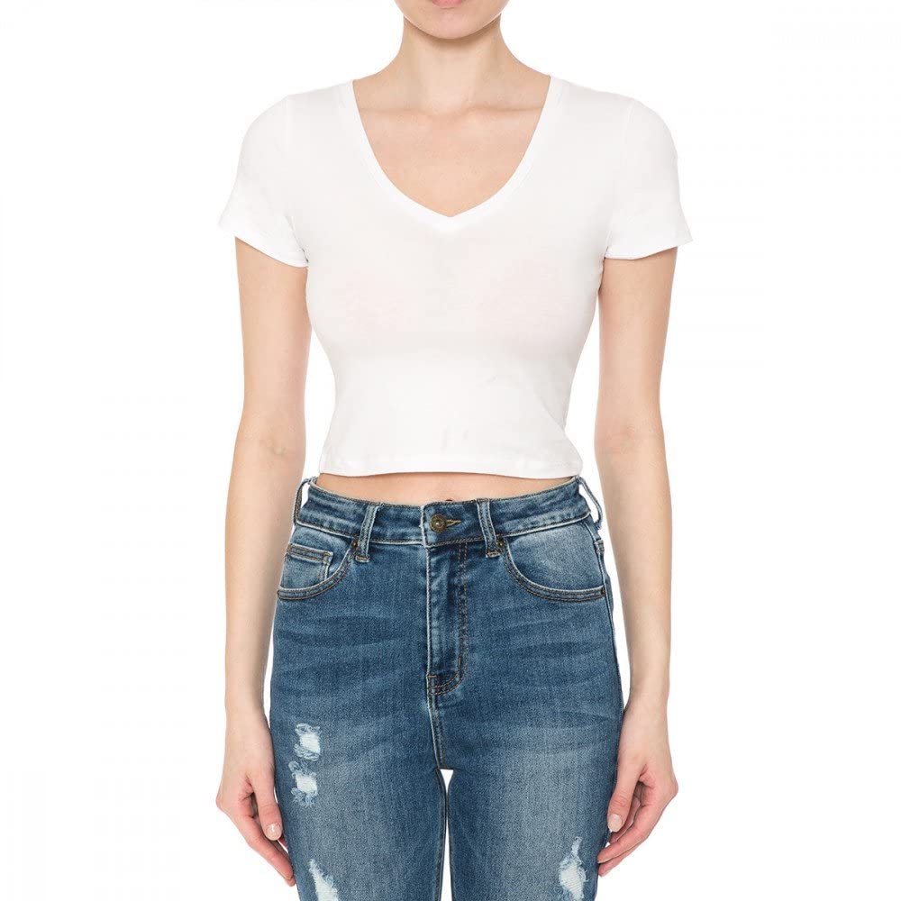 Women's Fitted V-Neck Crop Top Short Sleeve Cotton Stretch Tee Shirt
