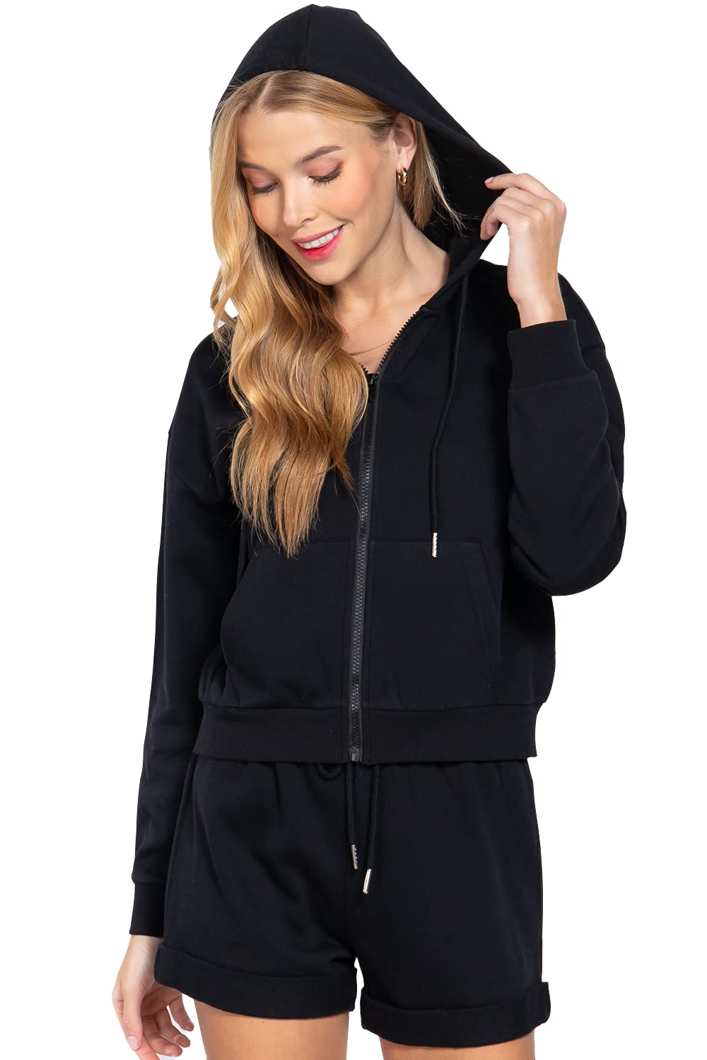 Women's Long Sleeve Inner Brushed French Terry Oversized Hoodie Zip Up Jacket
