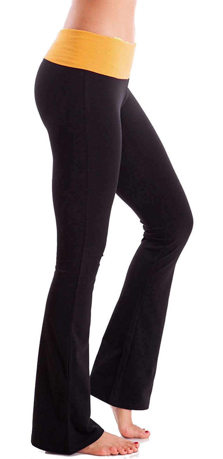 HIgh Waist Foldover Contrast Waist Bootleg Flare Yoga Pants