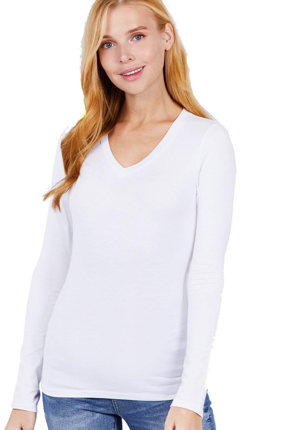 Women's Basic Long Sleeve V Neck T-Shirt Cotton Tee Top