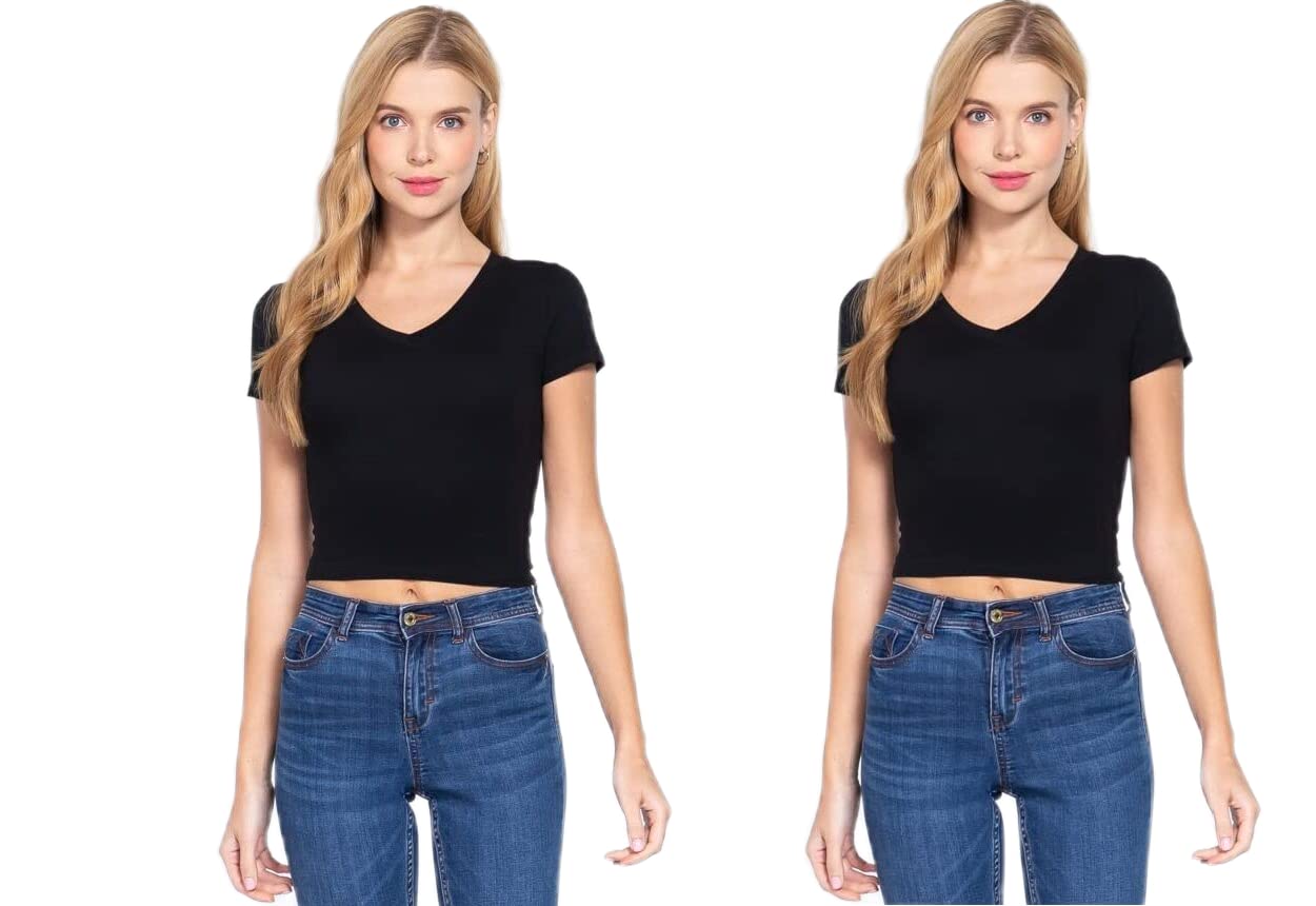 Khanomak Women's Cropped Basic Short Sleeve V Neck Top