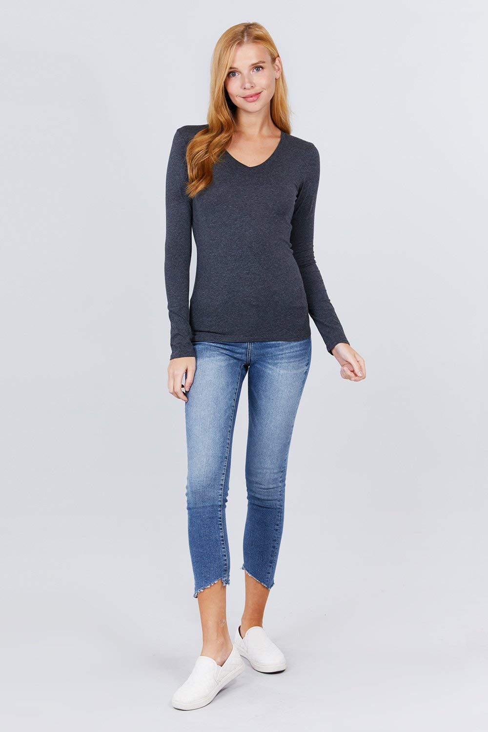 Plain V Neck Long Sleeve Tee T-Shirt