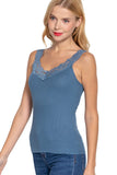 Womens- V Neck Lace Trimmed Cami Rib Knit Tank Top