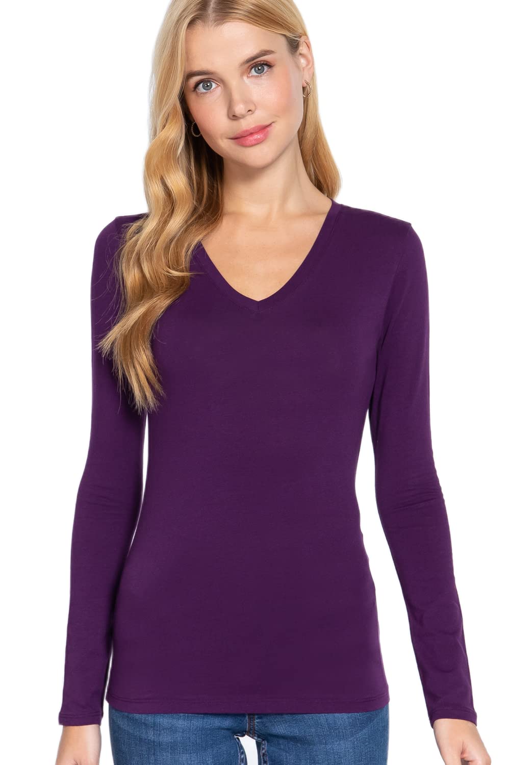 Plain V Neck Long Sleeve Tee T-Shirt