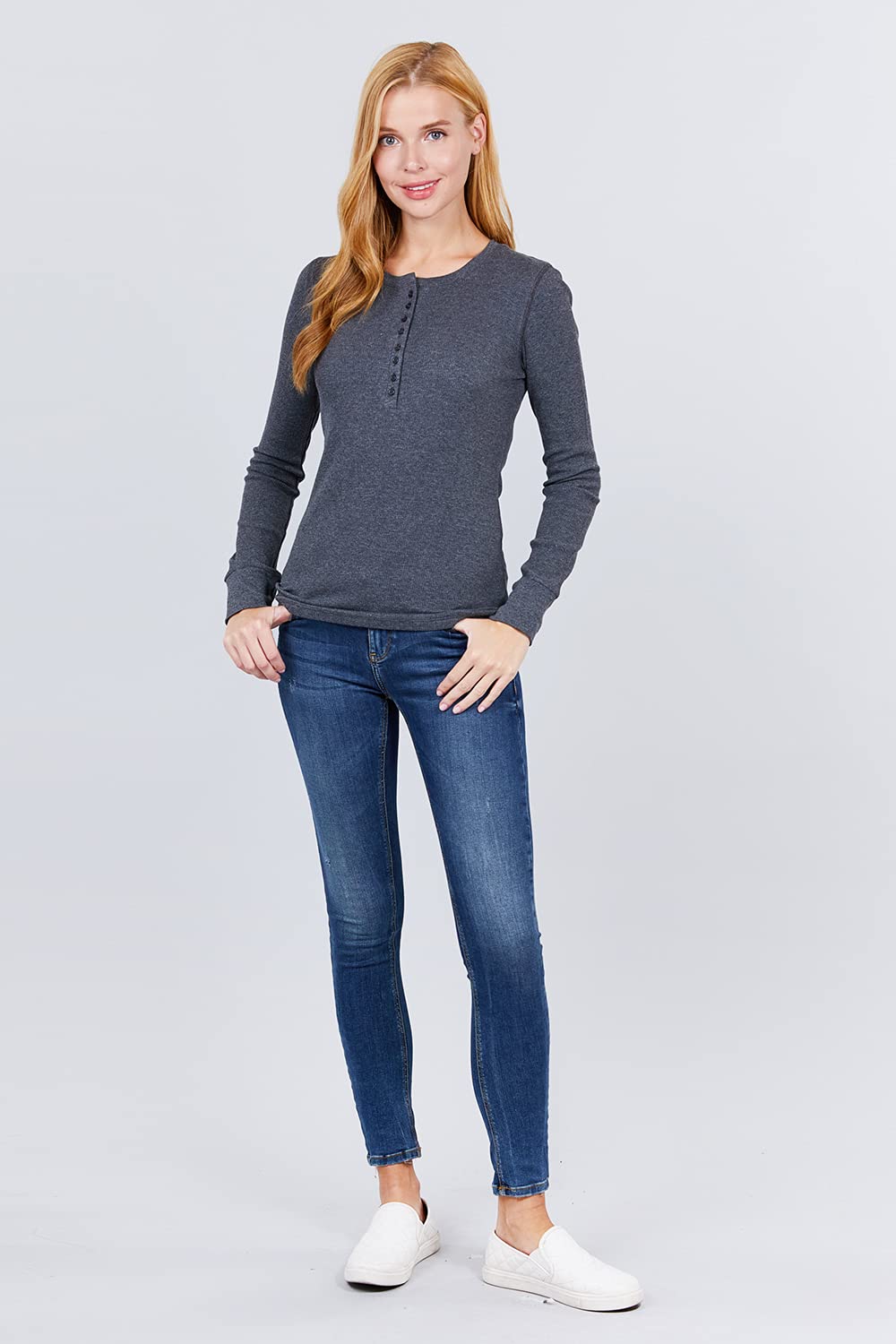 Women's Round Neck Long Sleeves Henley Thermal Knit Top