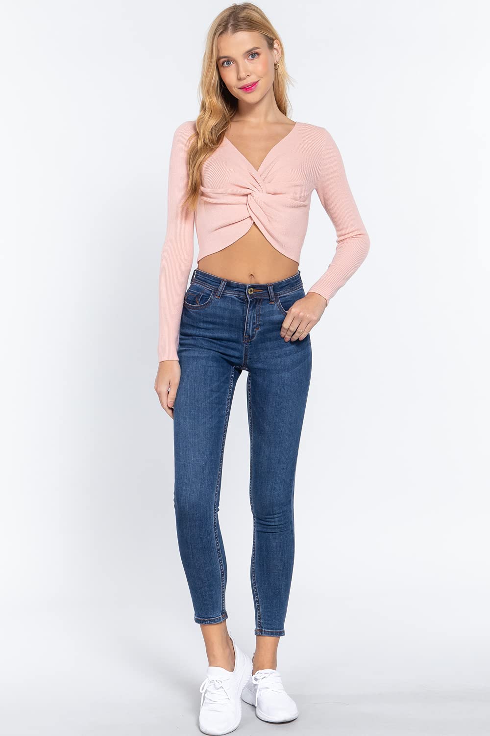 Women's Long Sleeve V Neck Front Knotted Detail Crop Sweater Top