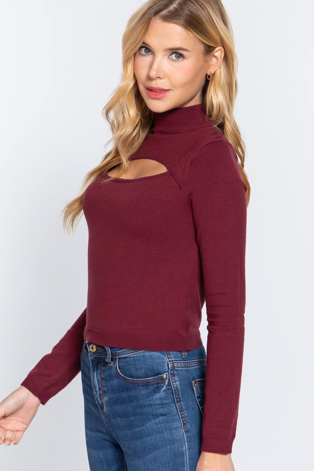 Women's Long Sleeves Mock Neck Front Cut Out Keyhole Sweater