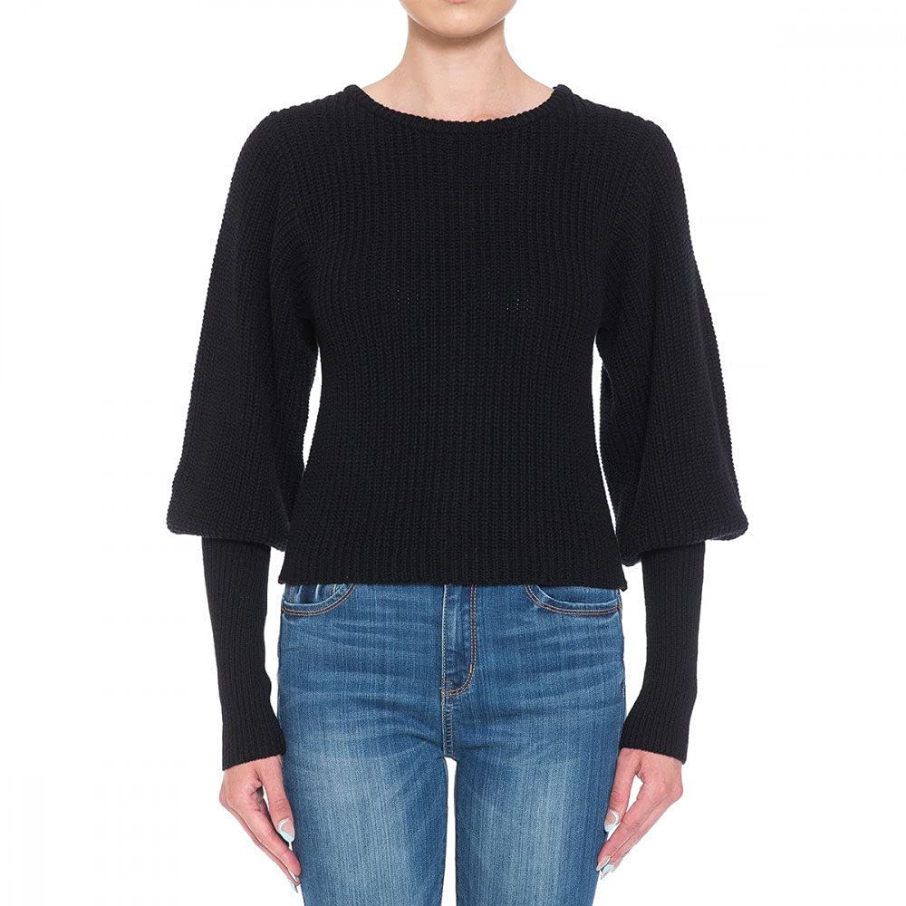 Women's Semi- Crop Long Balloon Sleeve Round Neck Sweater