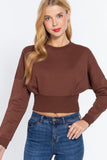 Women's Long Dolman Sleeve Crew Neck Waist Band Inner Fleece Terry Top