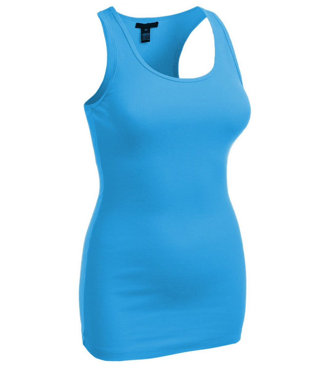 Women's Long Ribbed Rib Racerback Tank Top Cotton Stretch Quality Tunic Basic (Small, Turquoise Blue)