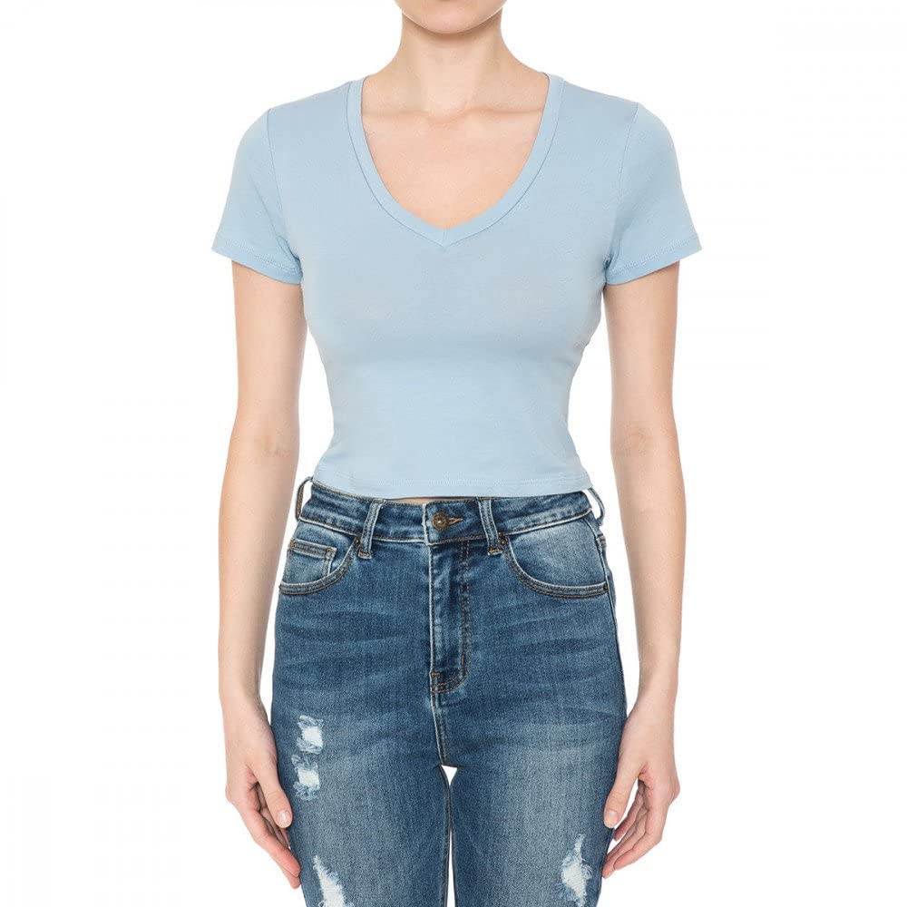Women's Fitted V-Neck Crop Top Short Sleeve Cotton Stretch Tee Shirt