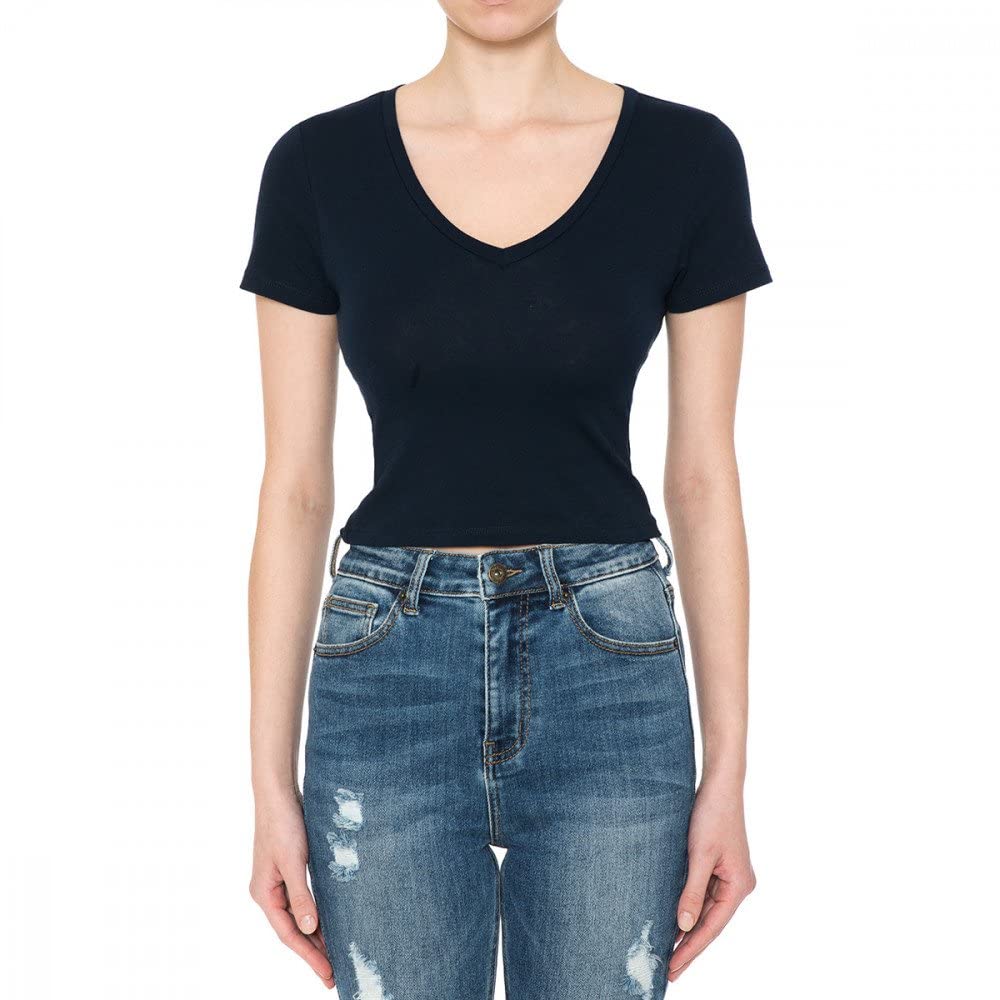 Women's Fitted V-Neck Crop Top Short Sleeve Cotton Stretch Tee Shirt