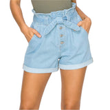 Women's High-Rise Paper Bag Trouser Pocket Denim Shorts