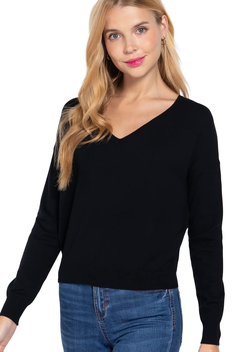 Women's Long Sleeve V-Neck Back Cross Strap Viscose Sweater Top