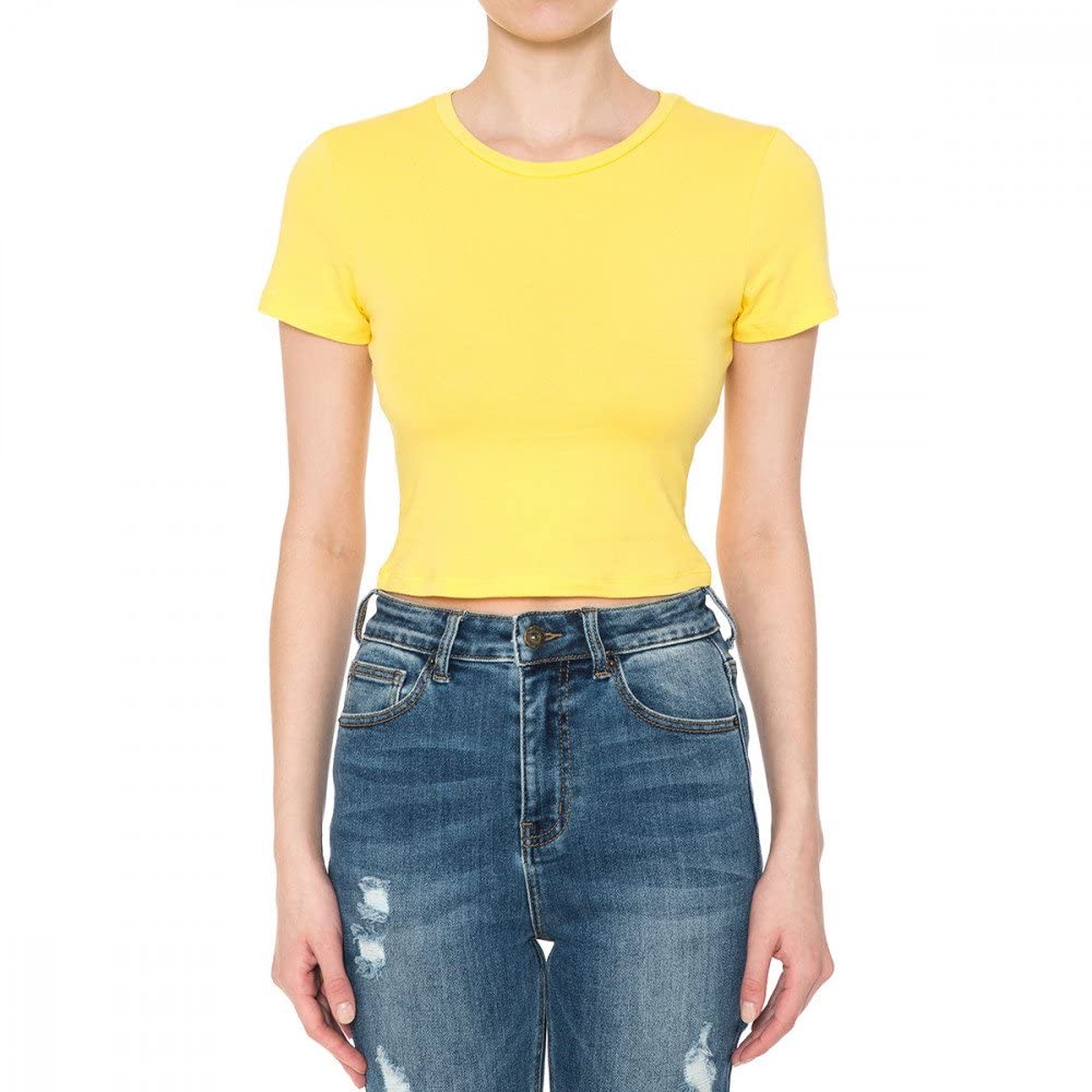 Khanomak Women's Crew Neck Short Sleeve Casual Summer Solid Workout Crop Tee