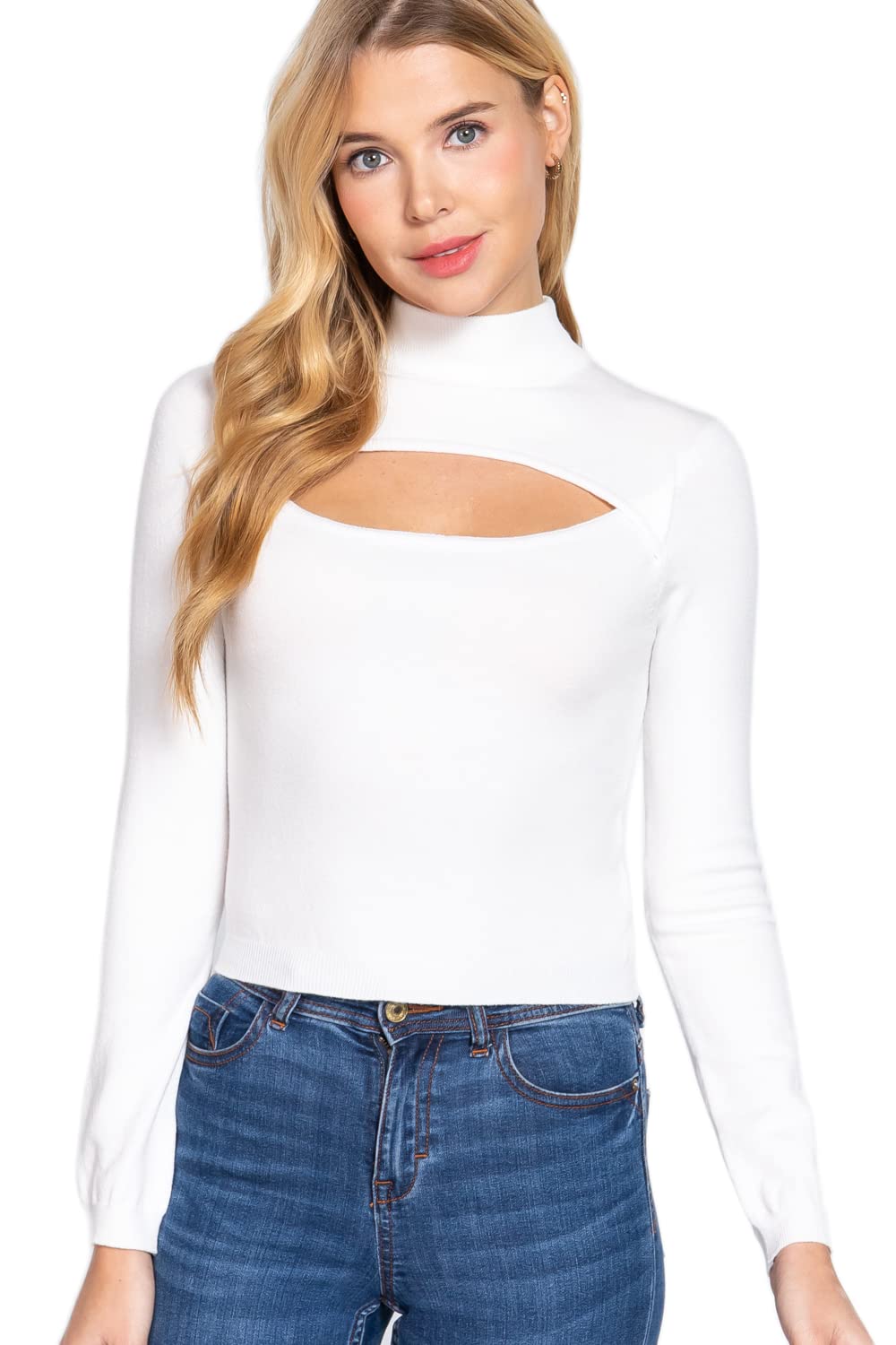 Women's Long Sleeves Mock Neck Front Cut Out Keyhole Sweater