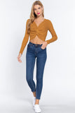 Women's Long Sleeve V Neck Front Knotted Detail Crop Sweater Top