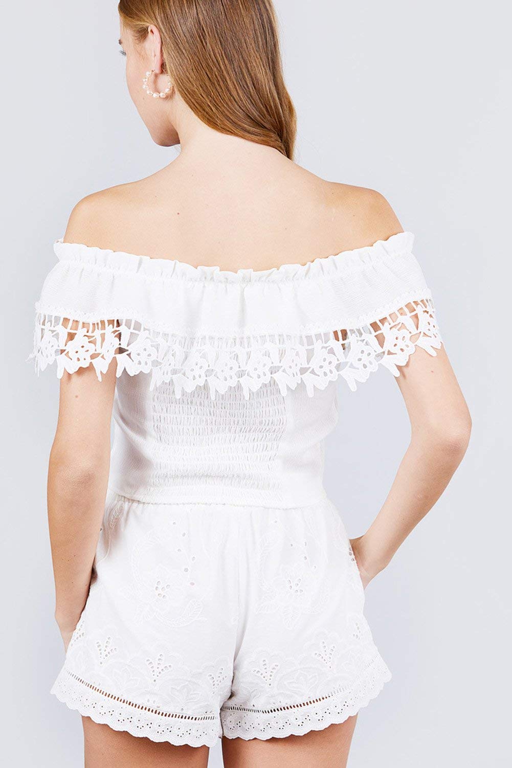 Women's Off-Shoulder Ruffle Back Smocked Detail Woven Top