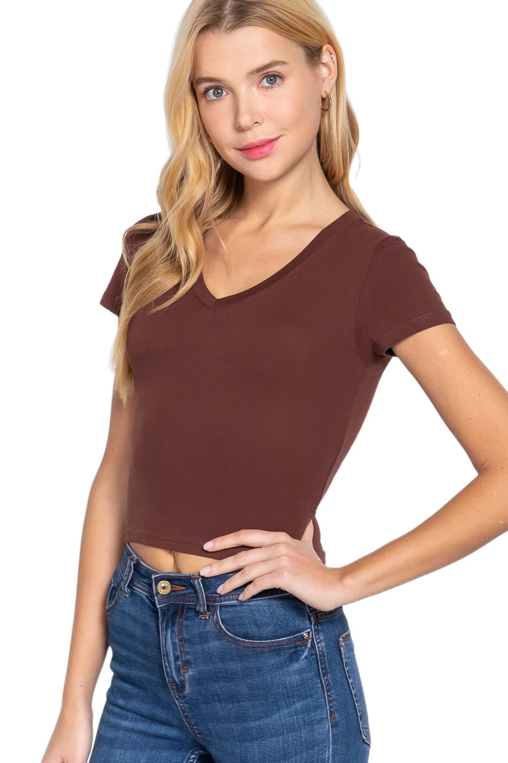 Khanomak Women's Cropped Basic Short Sleeve V Neck Top