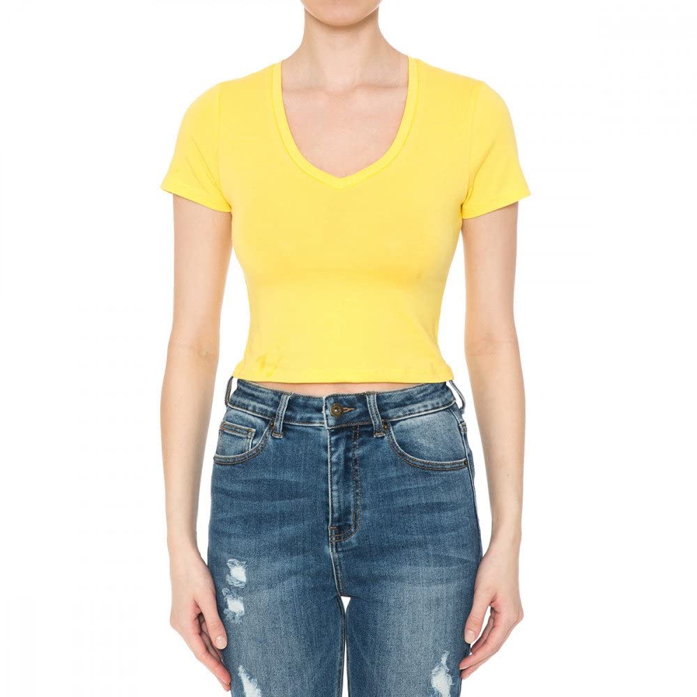Women's Fitted V-Neck Crop Top Short Sleeve Cotton Stretch Tee Shirt