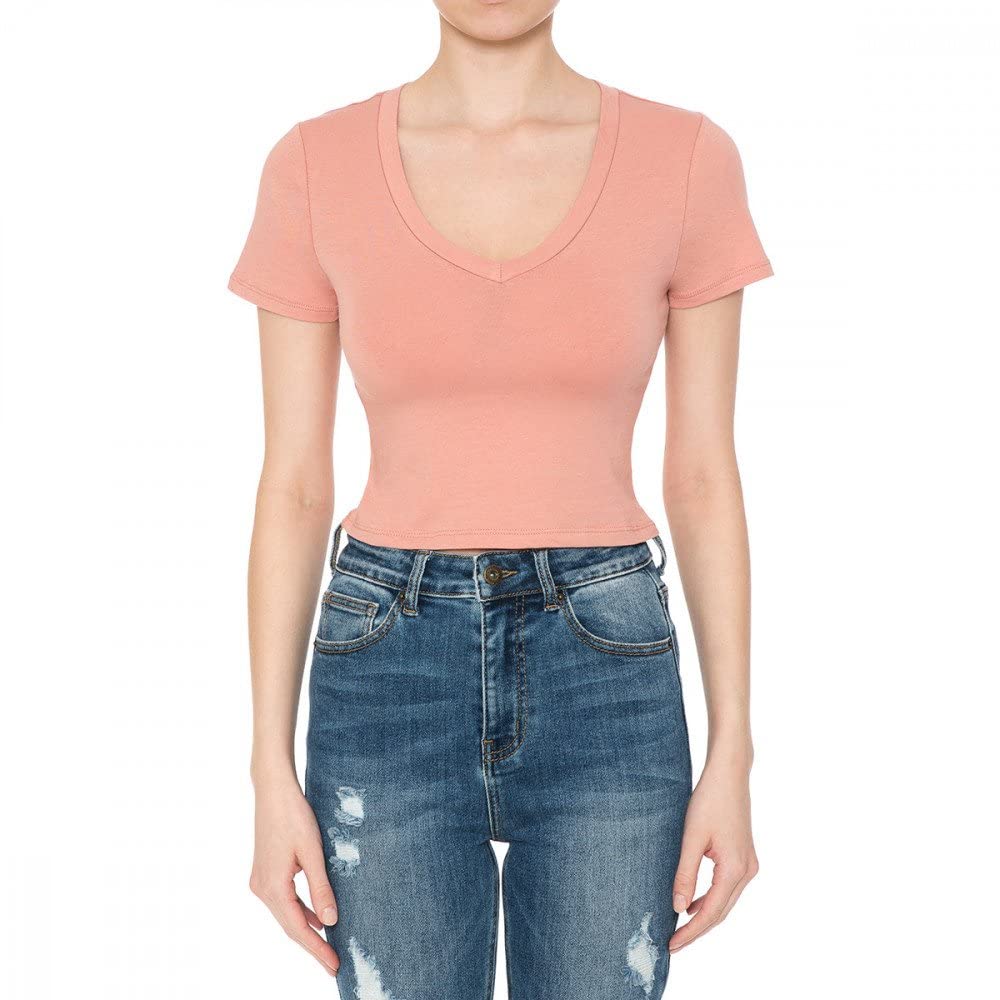 Women's Fitted V-Neck Crop Top Short Sleeve Cotton Stretch Tee Shirt