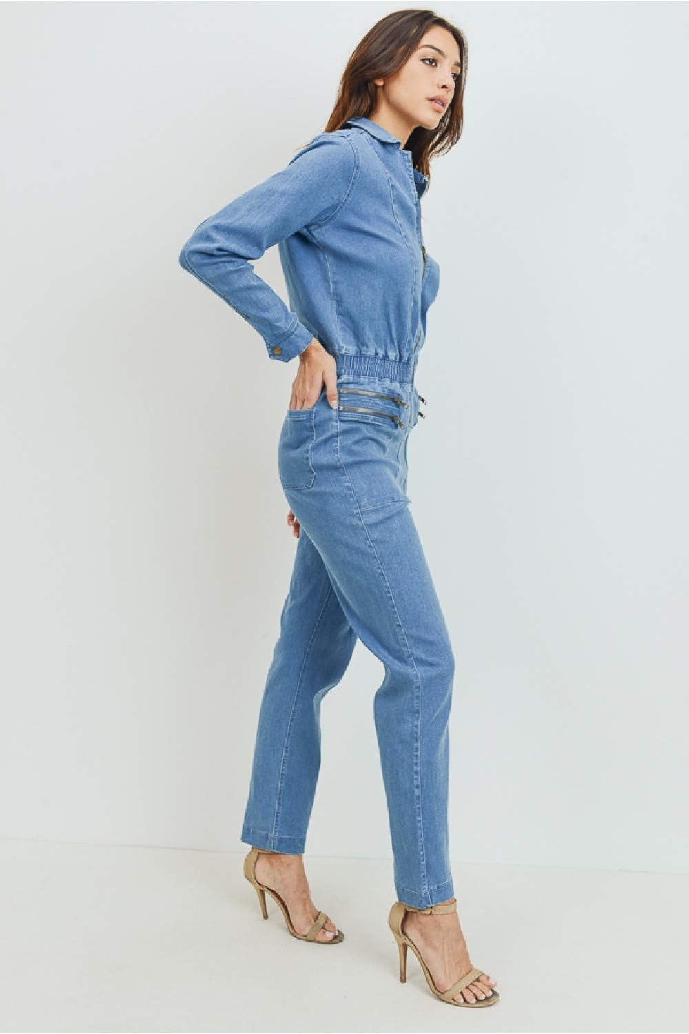 Women's Casual Long Sleeve Denim Jumpsuit Zipper Closure with Smocking details At Waist