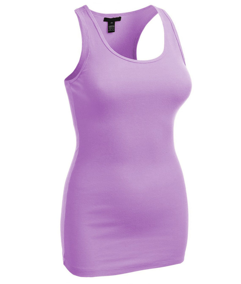 Women's Long Ribbed Rib Racerback Tank Top Cotton Stretch Quality Tunic Basic (Large, Lavender)