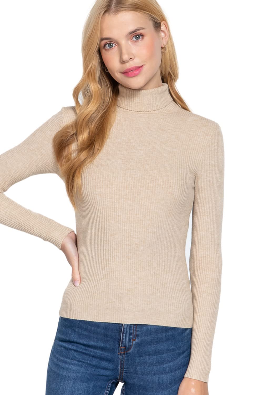 Women's Long Sleeve Turtle Neck Fitted Viscose Ribbed Sweater Cardigan