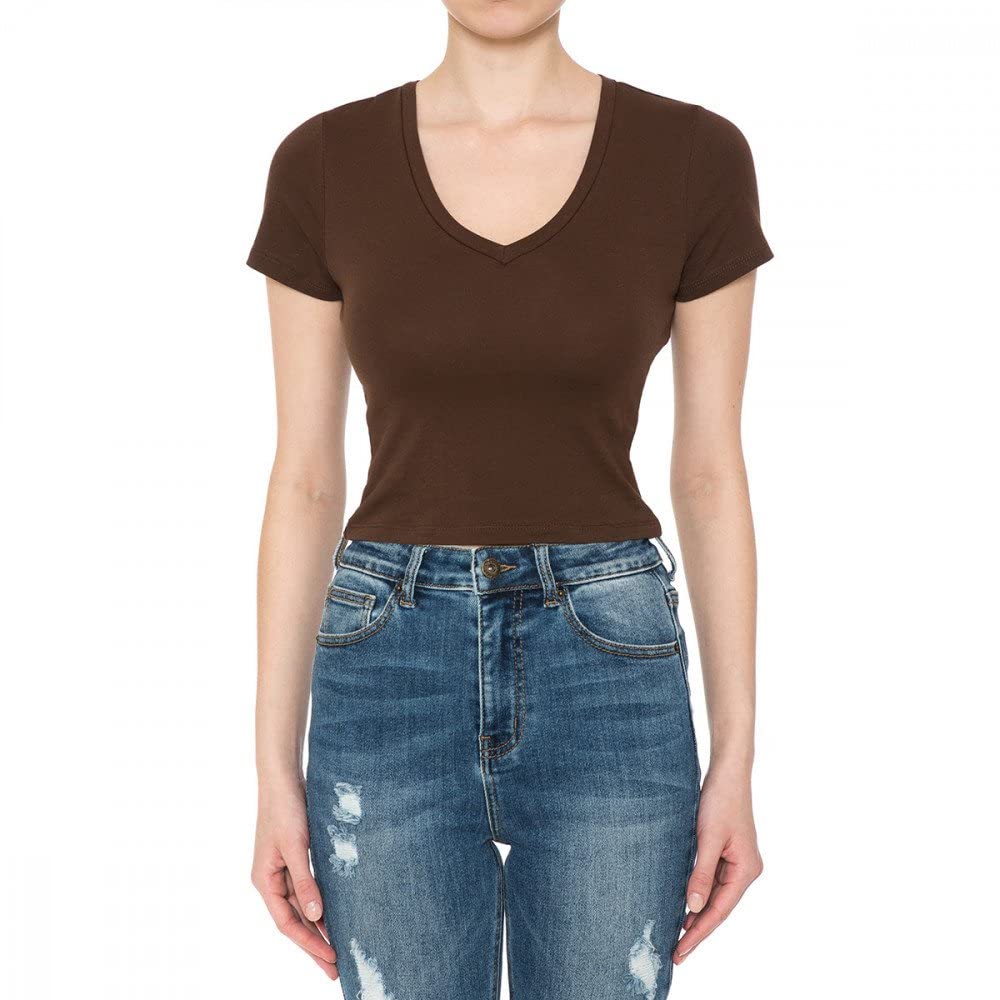 Women's Fitted V-Neck Crop Top Short Sleeve Cotton Stretch Tee Shirt