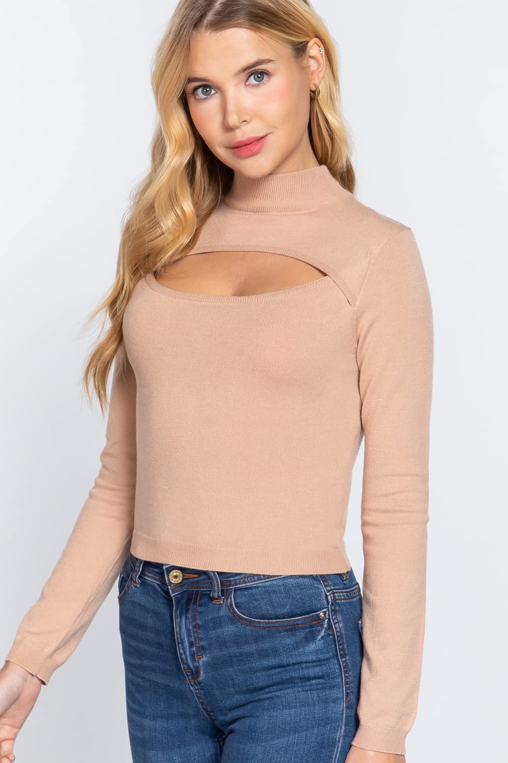 Women's Long Sleeves Mock Neck Front Cut Out Keyhole Sweater