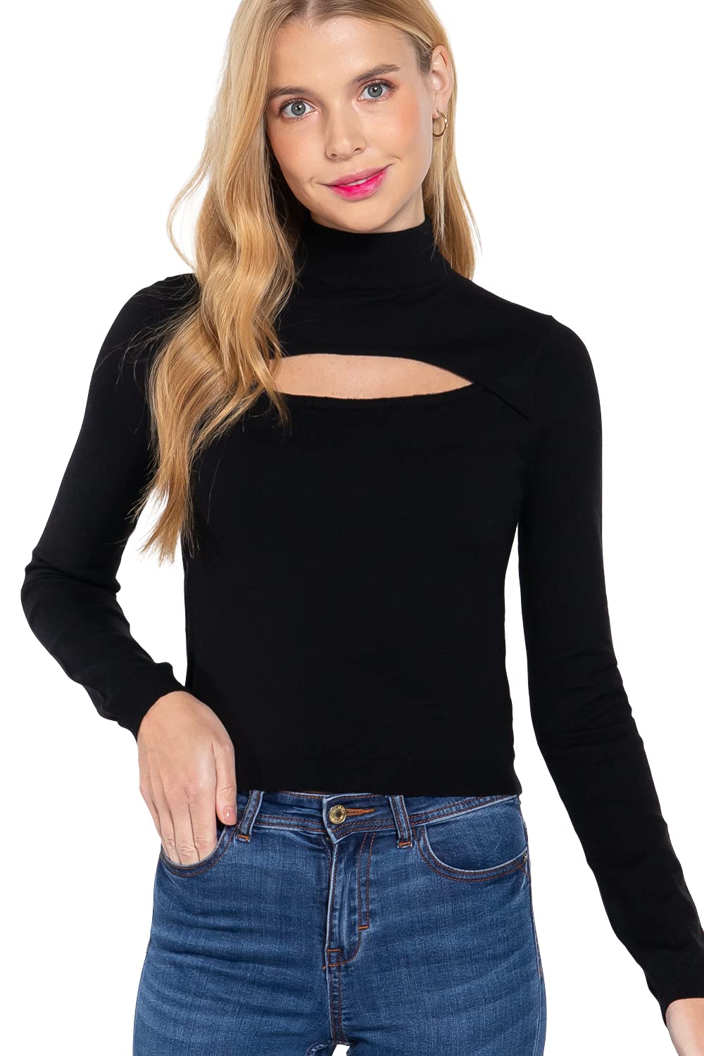 Women's Long Sleeves Mock Neck Front Cut Out Keyhole Sweater
