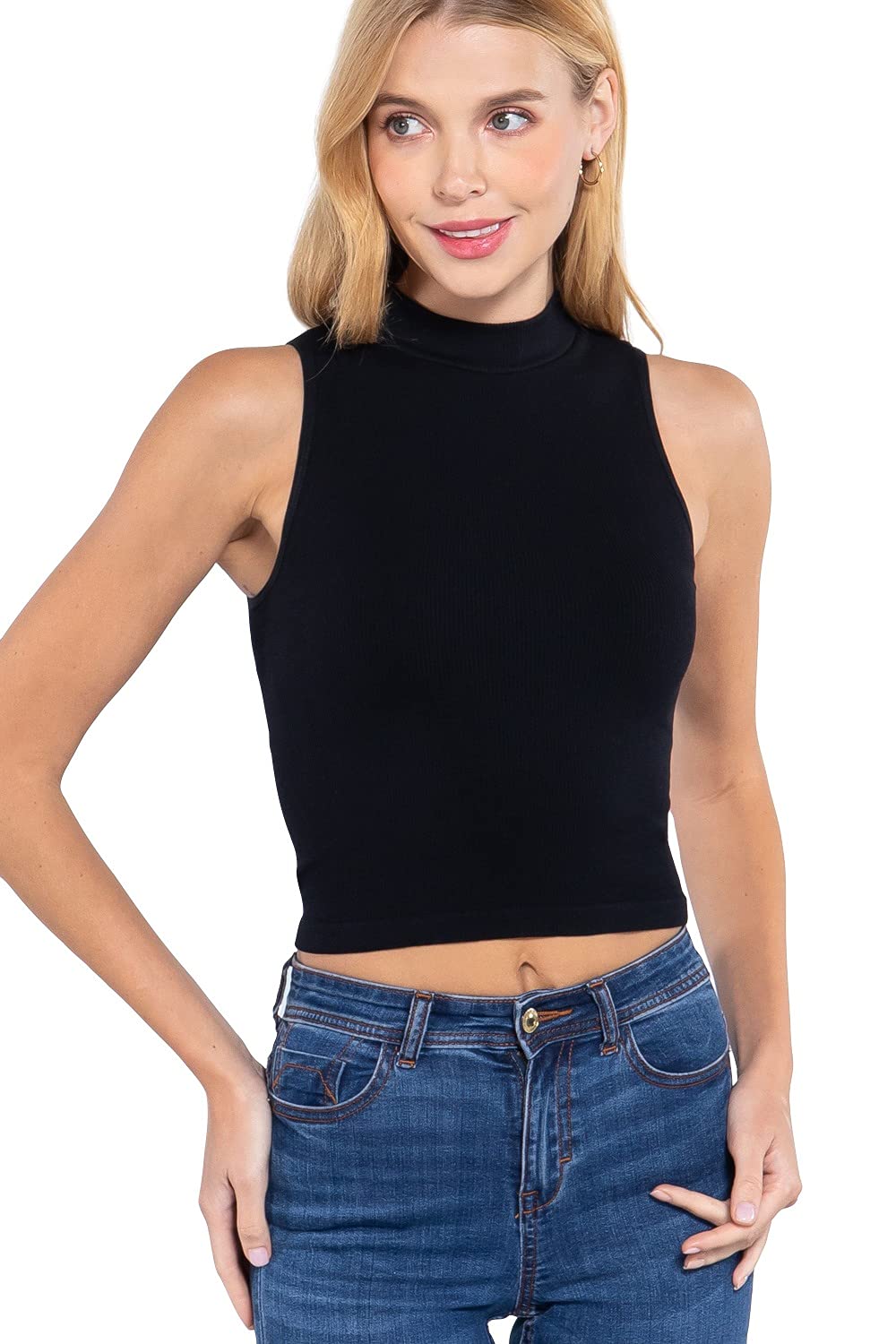 Women's Mock Neck Ribbed Seamless Tank Top