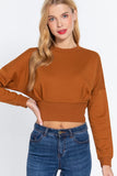 Women's Long Dolman Sleeve Crew Neck Waist Band Inner Fleece Terry Top