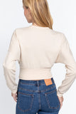 Women's Long Dolman Sleeve Crew Neck Waist Band Inner Fleece Terry Top