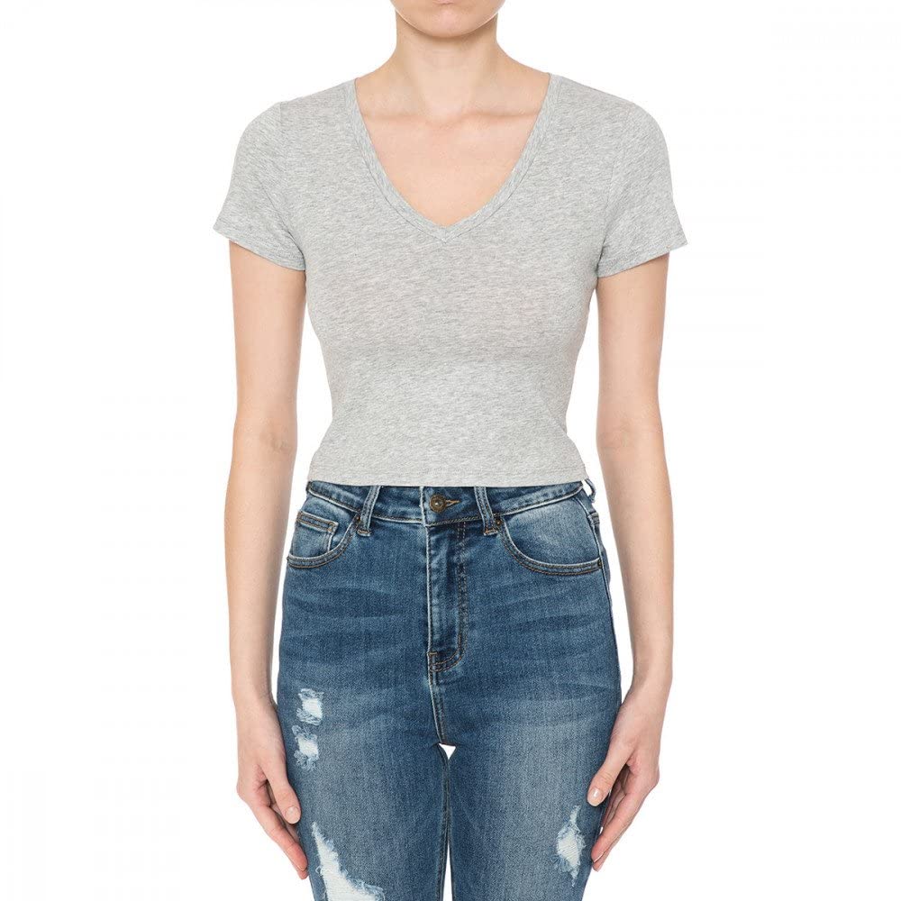 Women's Fitted V-Neck Crop Top Short Sleeve Cotton Stretch Tee Shirt