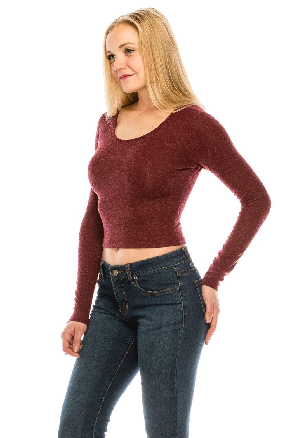 Women's Brushed  Knit Long Sleeve Scoop Neck Crop Top Sweater